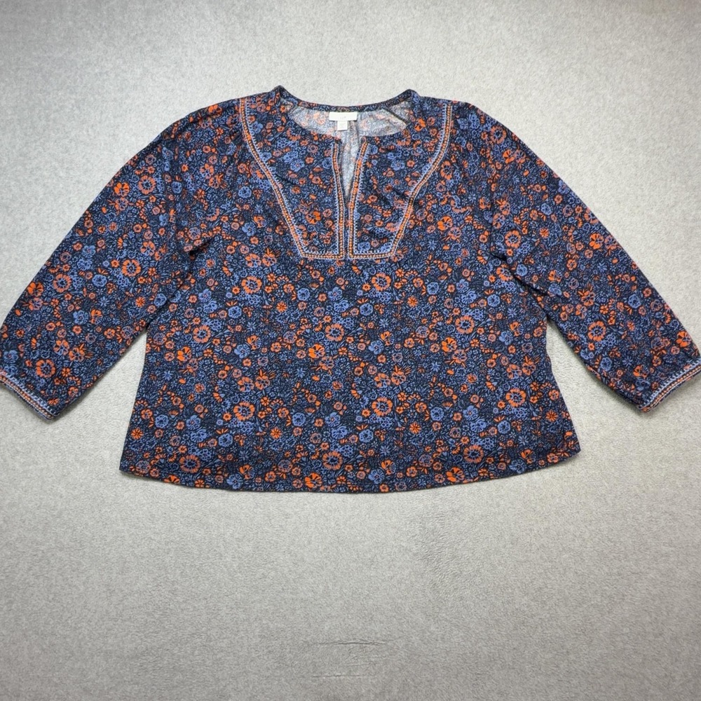 J Jill Shirt Womens Petite XL Blue Floral 3/4 Sleeve Embroidered Split Neck Top